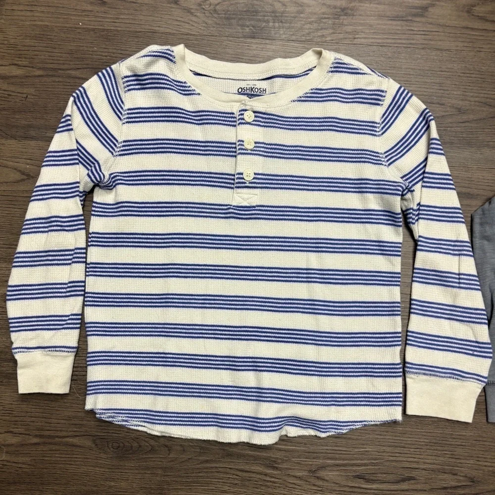 OshKosh B'gosh 8yo Wht/Blue Striped & Gray Camo cuffed LSS, GUC.